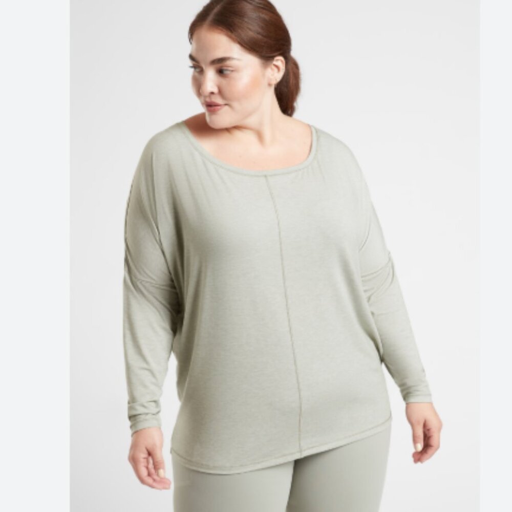 Athleta Essence Flow Top L Gray Long Sleeve Wide Neckline